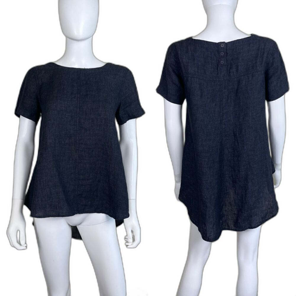 Eileen Fisher Women's Size XS Denim Organic Linen High Low Tunic Oversize Blouse